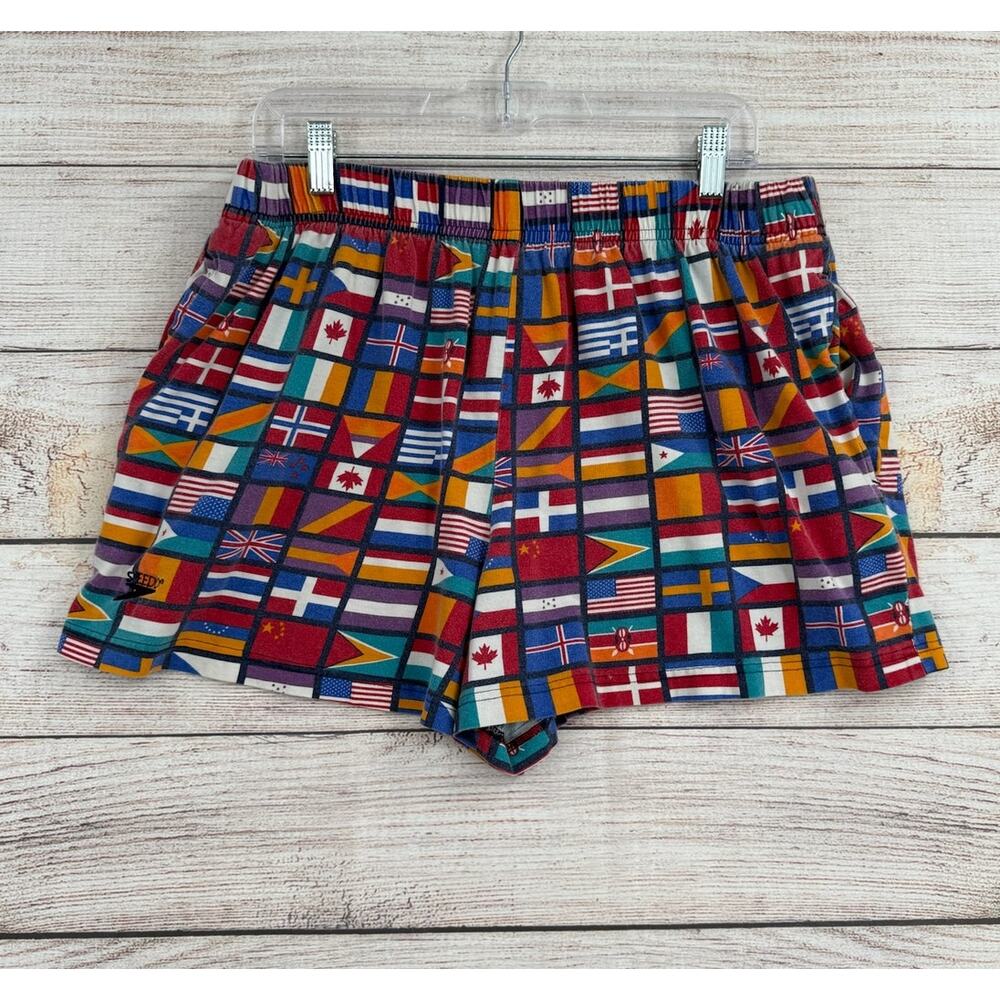 Vintage Speedo Flag Print Shorts Mens XL Multicolor International Flags Elastic
